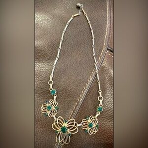 Vintage green stone with gold necklace slide clasp nice floral designed piece